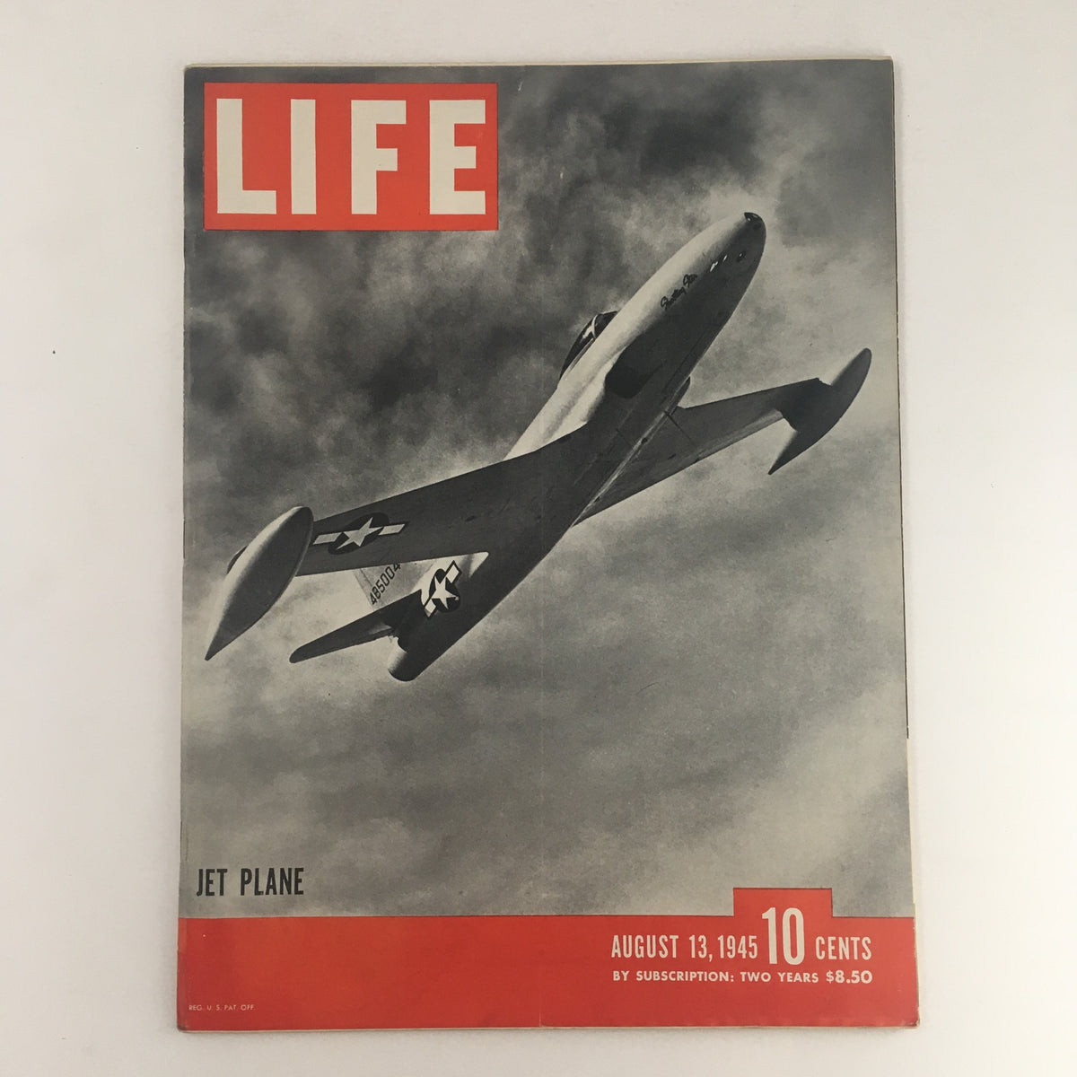 Life Magazine August 13 1945 cover featuring the P-80 Shooting Star Fighting Plane, showcasing a vintage aircraft in flight against a dramatic sky. The magazine's title and issue date are prominently displayed.