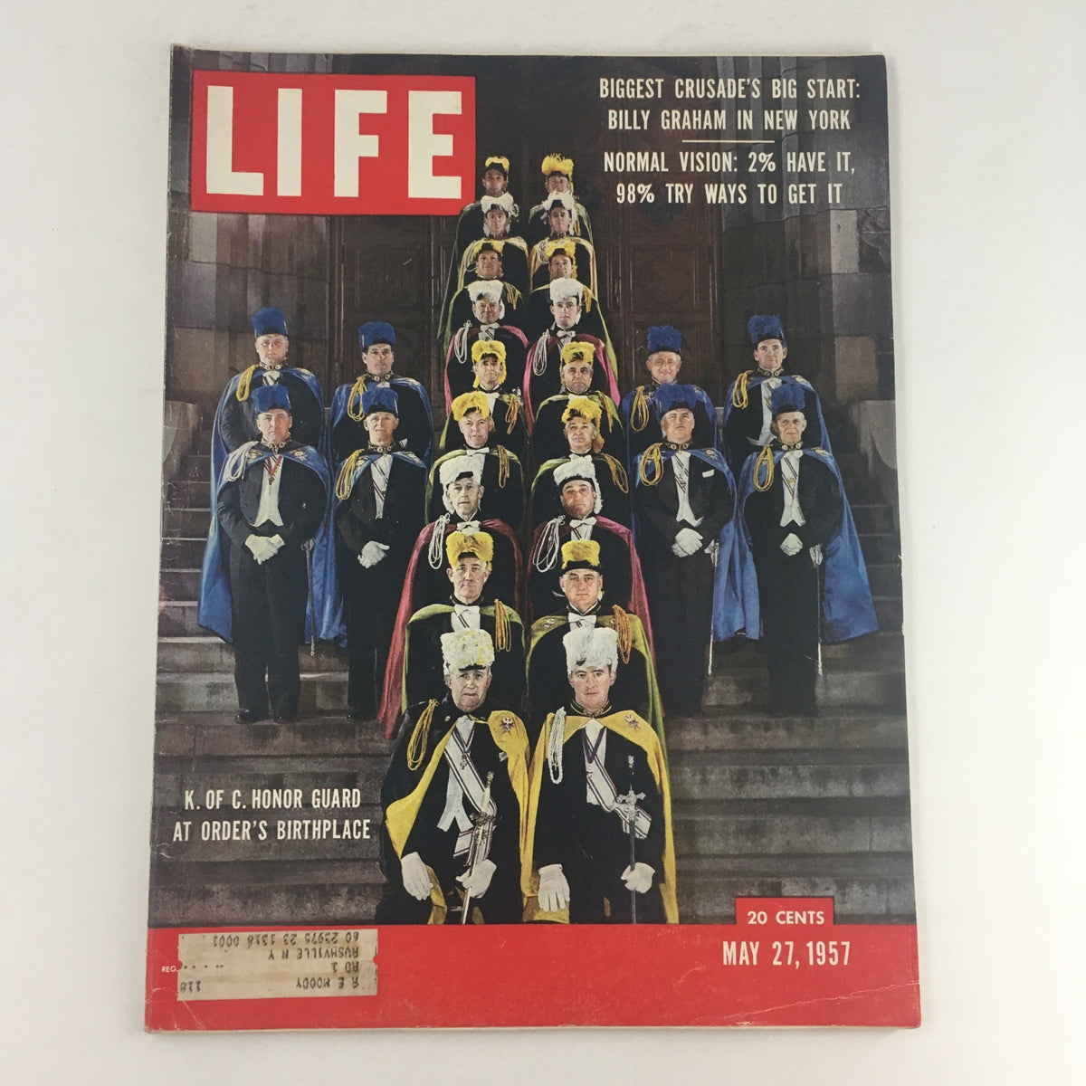Cover of Life Magazine dated May 27, 1957, featuring the K of C Honor Guard at the Order's Birthplace, showcasing a group of men in ceremonial attire, capturing historical significance.