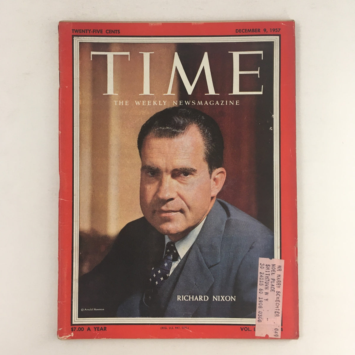 Time Magazine December 9, 1957, featuring a portrait cover of Richard Nixon, Vol 70 #24, showcasing the political climate of the late 1950s.