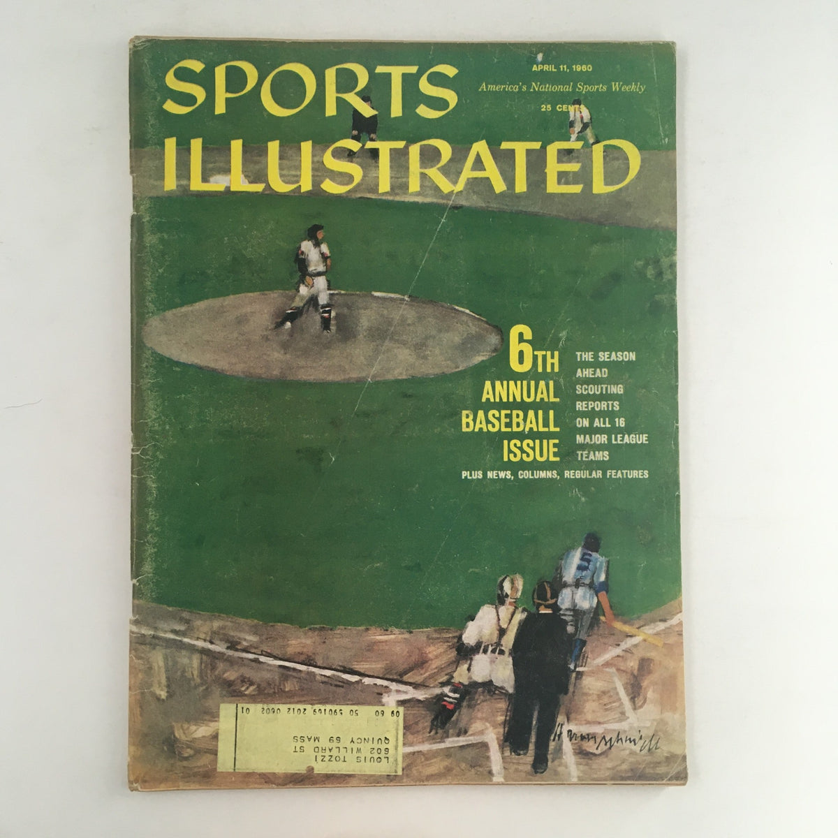 Cover of Sports Illustrated Magazine dated April 11, 1960, featuring 'The Season Ahead Scouting Reports' and highlighting the 6th Annual Baseball Issue with a vintage sports theme.