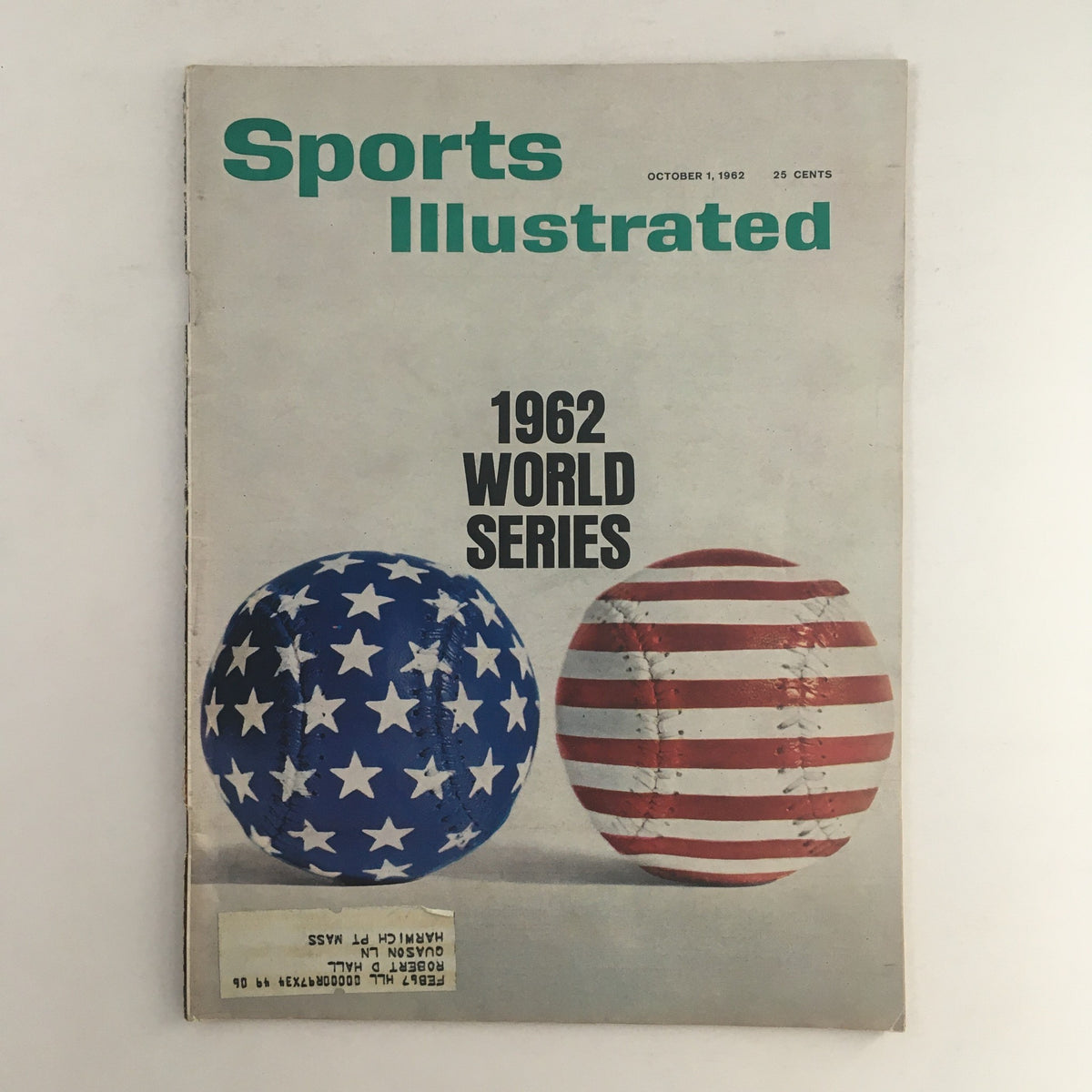 Cover of Sports Illustrated Magazine from October 1, 1962, featuring a bold title '1962 World Series' with illustrated baseballs, one decorated with stars and stripes, symbolizing American patriotism and the significance of the Baseball World Series of that year.
