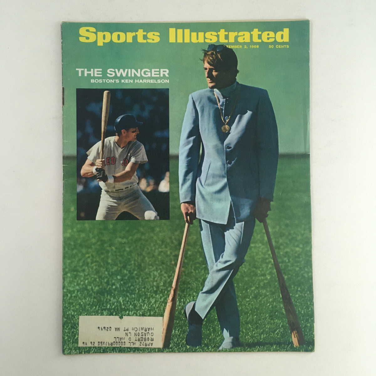 Cover of Sports Illustrated Magazine from September 2, 1968, featuring 'The Swinger', Boston's Ken Harrelson, depicted in a stylish suit with baseball bats.
