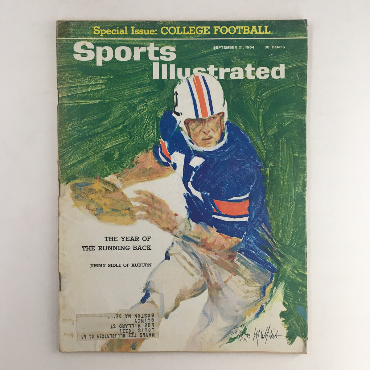 Sports Illustrated Magazine September 21 1964 featuring Jimmy Sidle of Auburn, showcasing a vintage cover illustration of the iconic college football player in action.