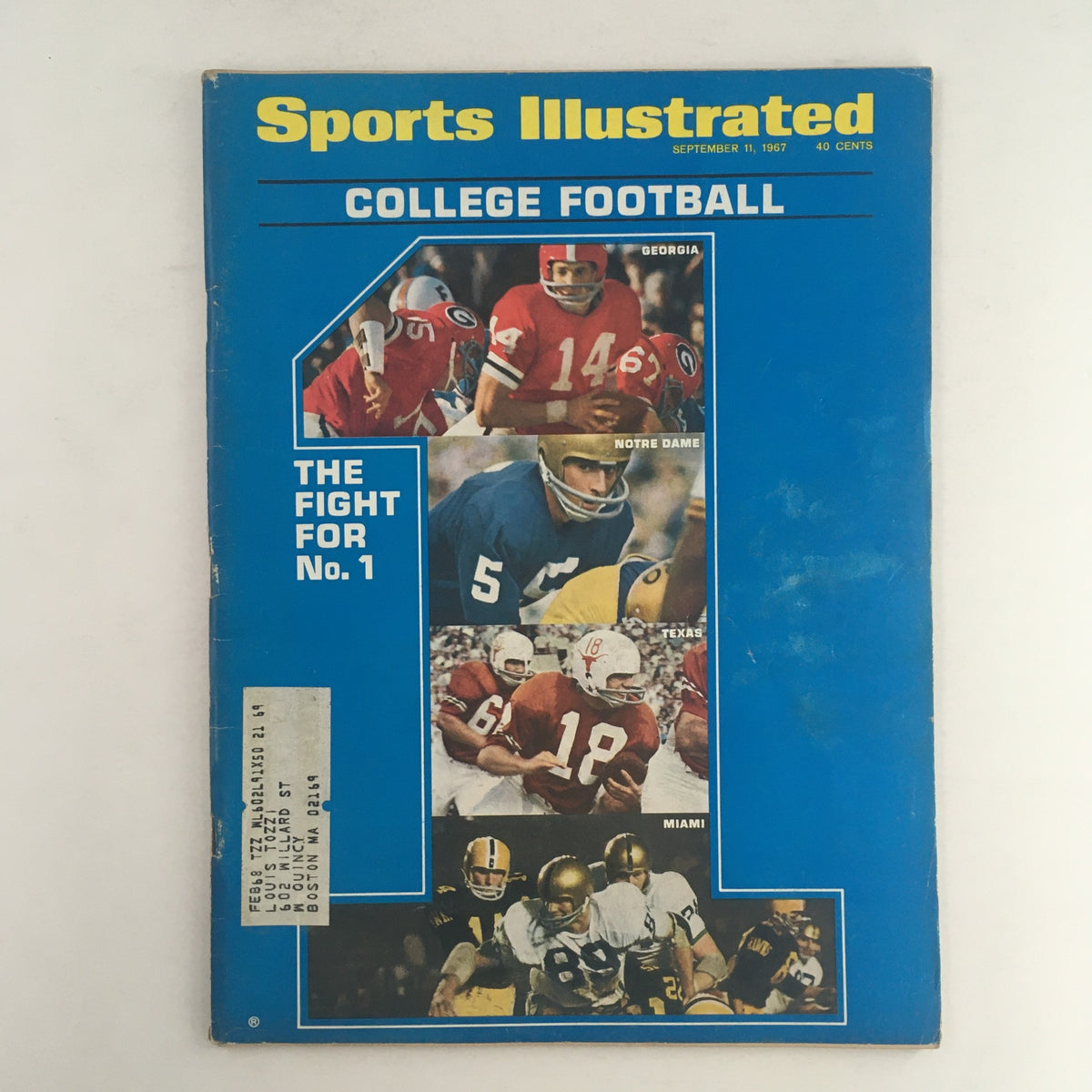 Cover of Sports Illustrated Magazine from September 11, 1967, featuring the title 'College Football - The Fight for No. 1' with images of college football players and teams including Georgia, Notre Dame, Texas, and Miami.