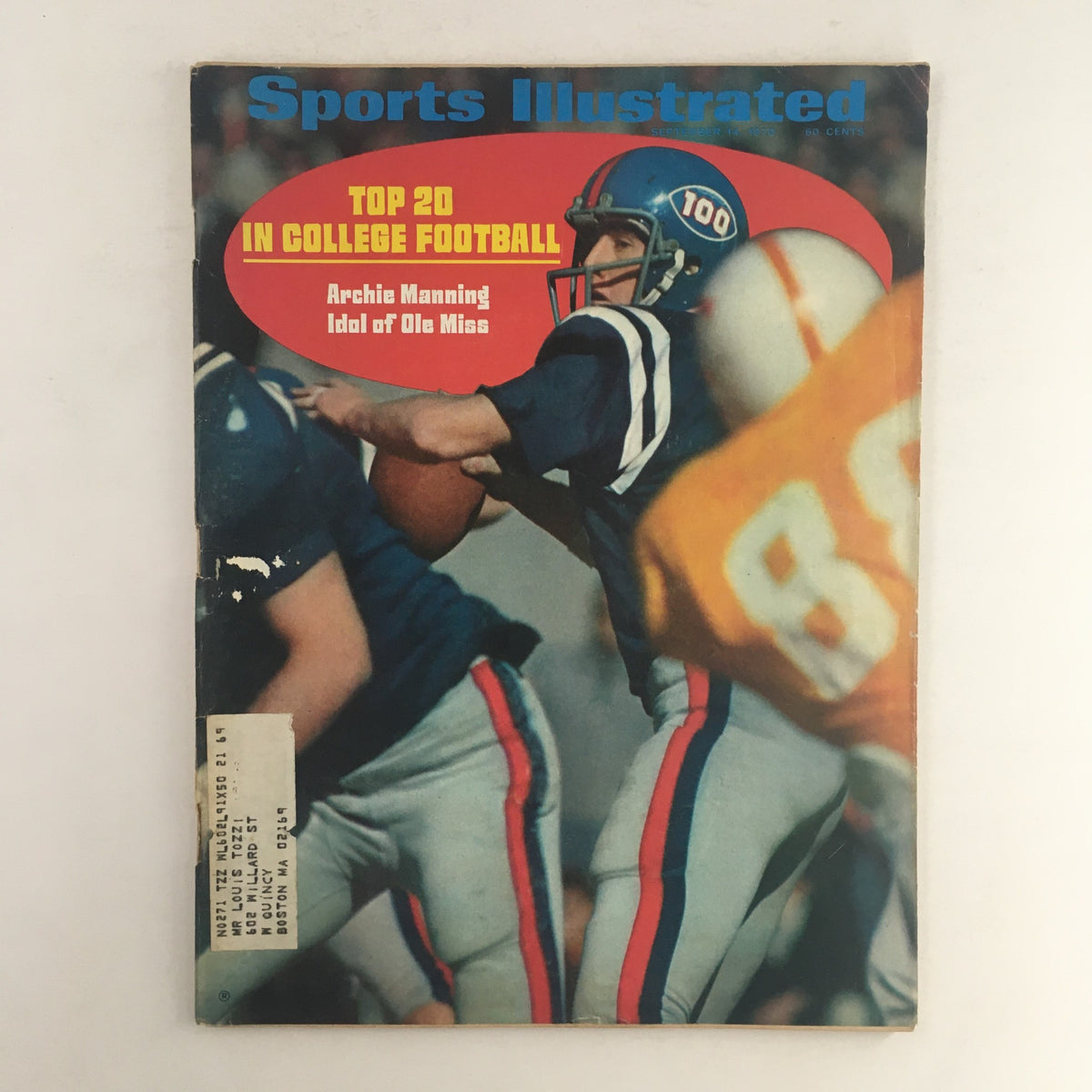Vintage Sports Illustrated magazine cover from September 14, 1970 featuring Archie Manning of Ole Miss, showcasing college football with bold graphics and an iconic design.