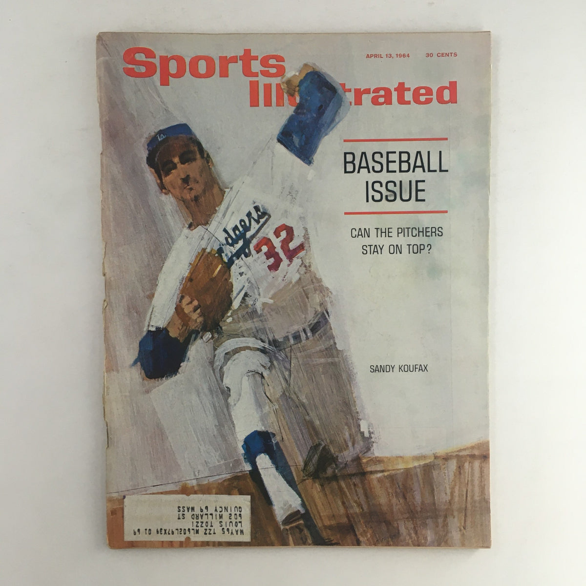 Cover of Sports Illustrated Magazine April 13, 1964 featuring Dodgers' Baseball Pitcher Sandy Koufax. The magazine highlights the theme 'Baseball Issue' and poses the question 'Can the pitchers stay on top?' with an artistic depiction of Koufax in action.