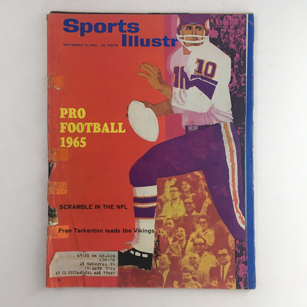 Cover of Sports Illustrated Magazine from September 13, 1965, featuring Fran Tarkenton, quarterback of the Minnesota Vikings, with bold graphics and the title 'Pro Football 1965.'