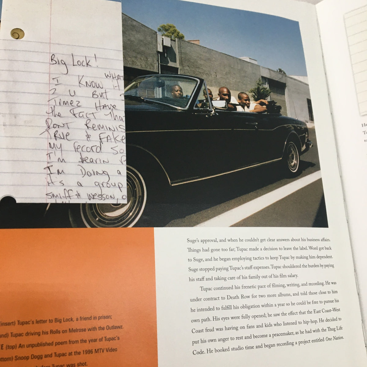 A memorable moment captured in the Tupac Shakur Legacy book, featuring Tupac in a convertible with friends, alongside a handwritten note discussing plans for the future.