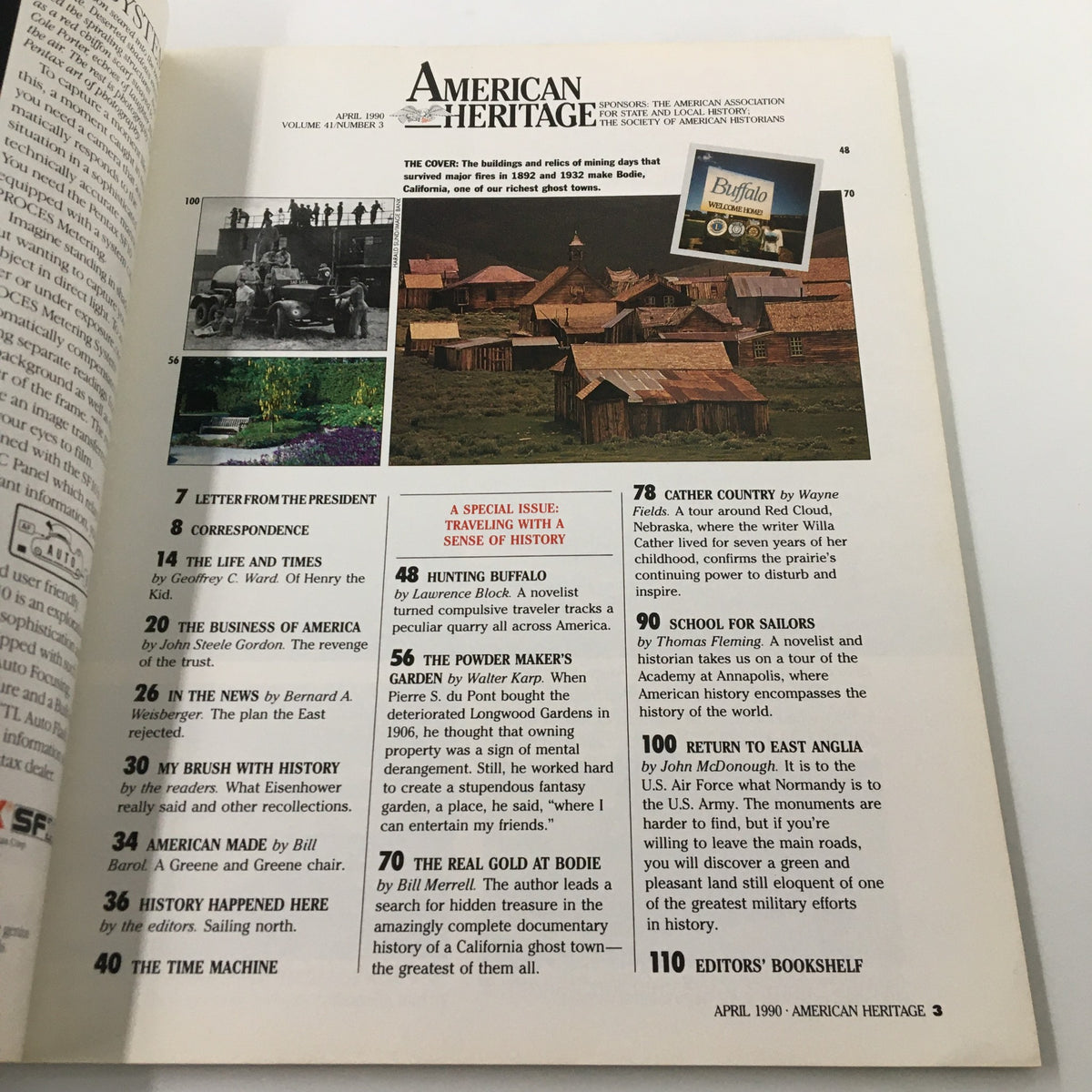 Cover of the American Heritage Magazine from April 1990, titled 'The Buildings and Relics of Mining Days'. Features images related to mining history and articles highlighting significant aspects of mining architecture and culture.
