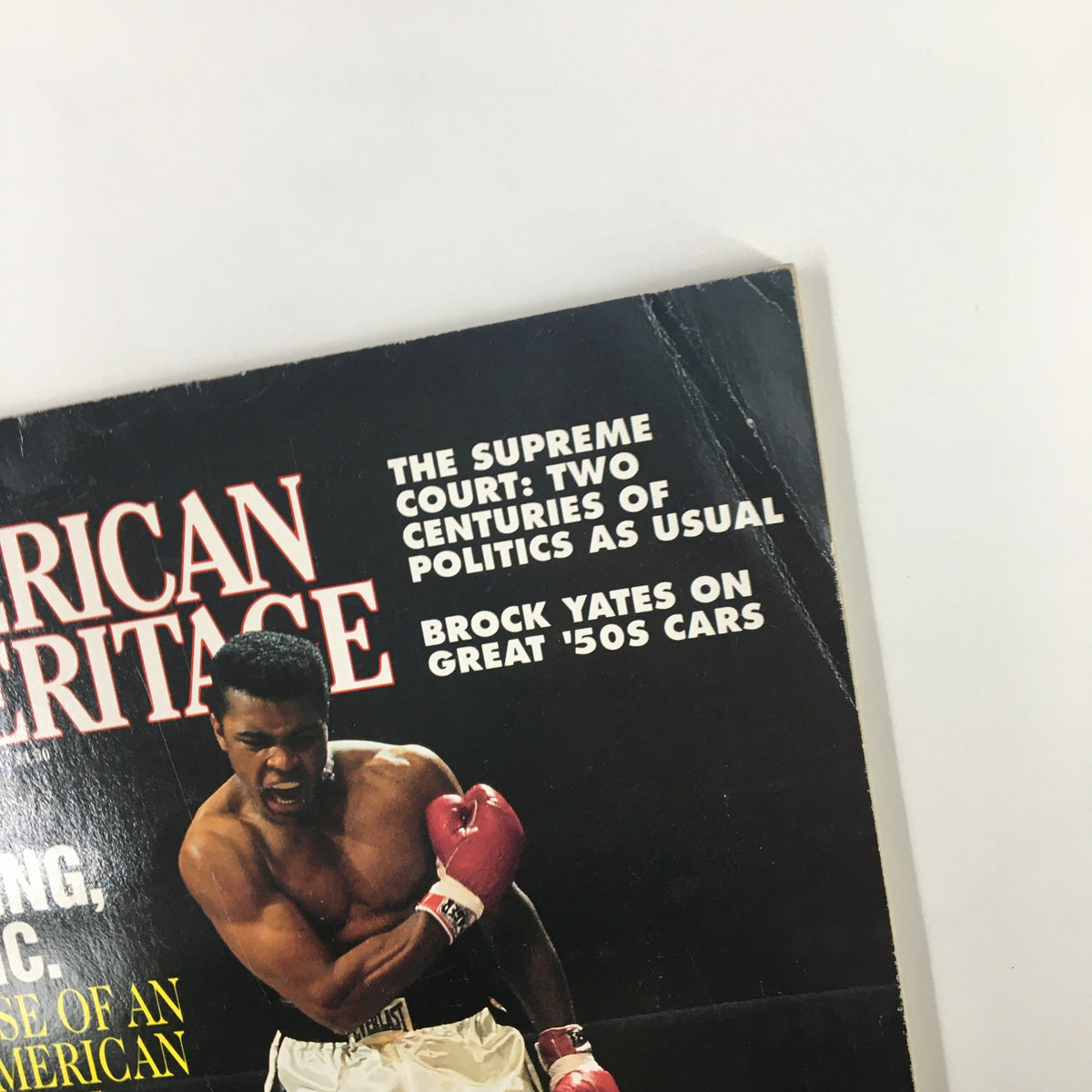 Close-up of American Heritage magazine, October 1991, showcasing the title and themes including Muhammad Ali's boxing fight with Sonny Liston.