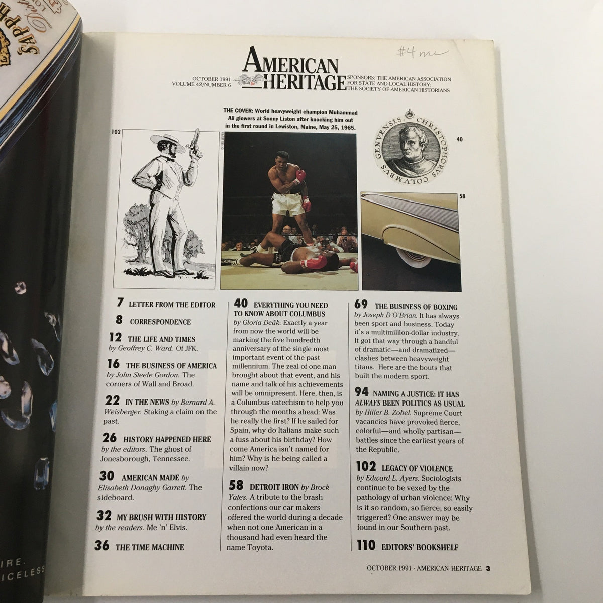 Inside page of the American Heritage magazine from October 1991, detailing articles including Muhammad Ali's knockout of Sonny Liston and more.