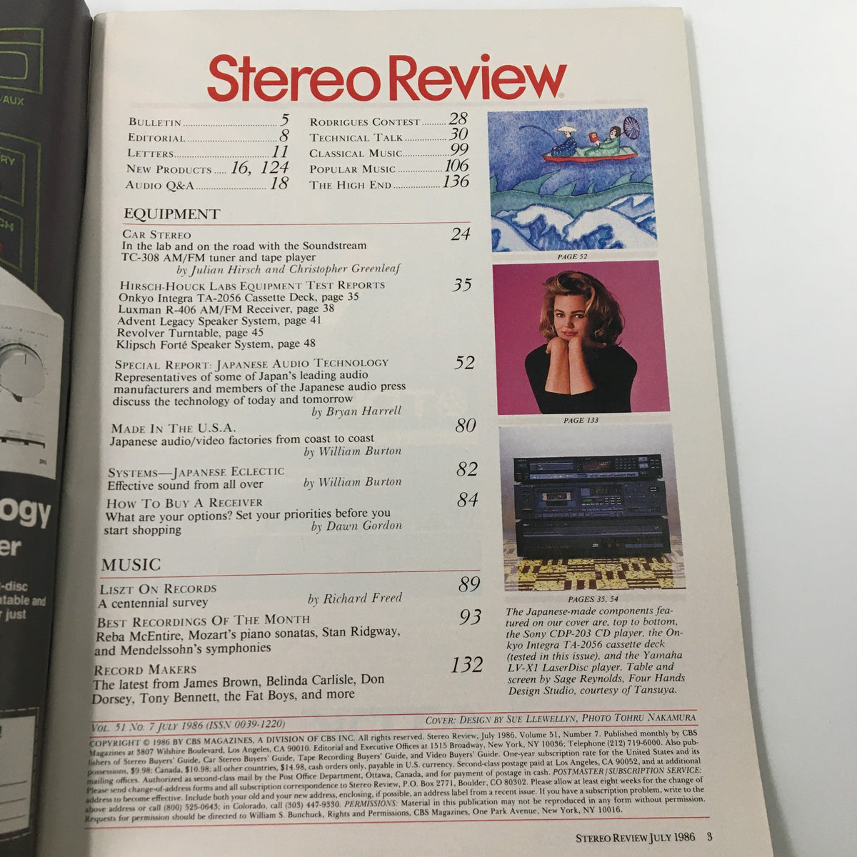 Interior page of Stereo Review Magazine July 1986 showcasing the table of contents, including special reports on Japanese audio technology and featured articles about audio equipment and music.