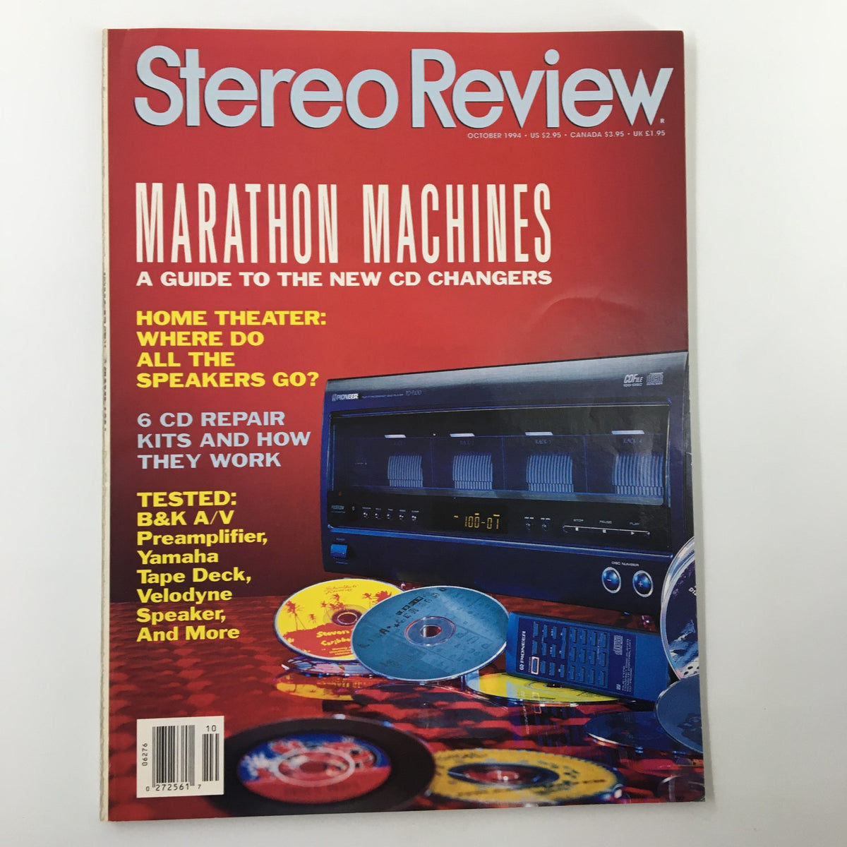 Cover of Stereo Review October 1994 featuring the title 'Marathon Machines: A Guide to the New CD Changers', showcasing audio technology with images of a CD changer and vinyl records.