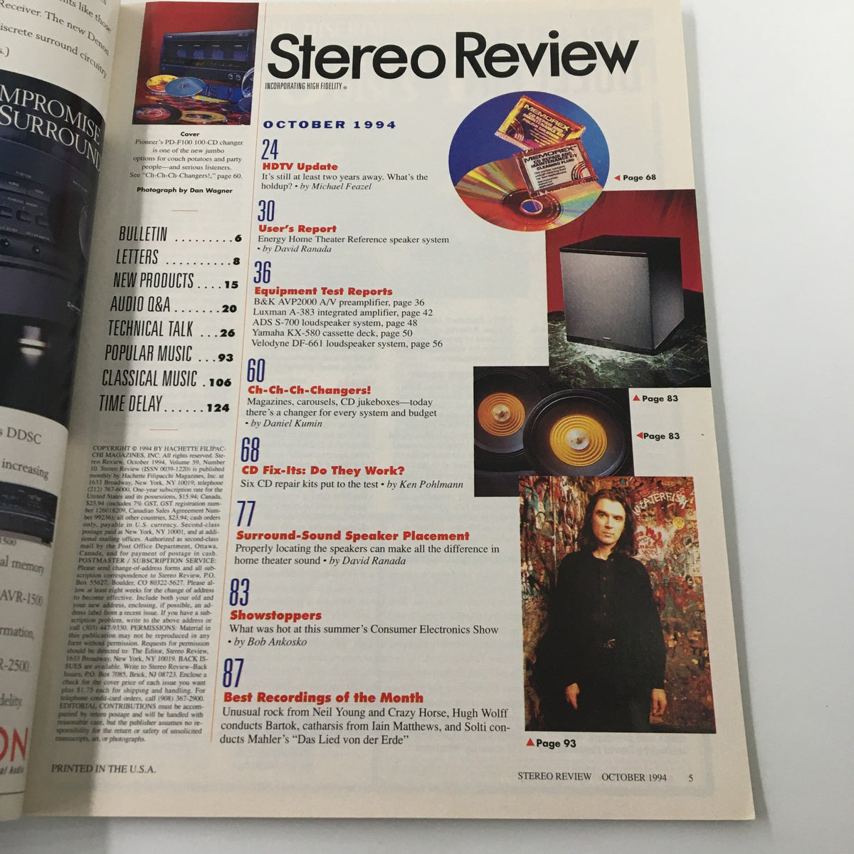 Inside page of Stereo Review October 1994 displaying articles and topics including 'Ch-Ch-Changers!' and 'Best Recordings of the Month' related to contemporary audio equipment.