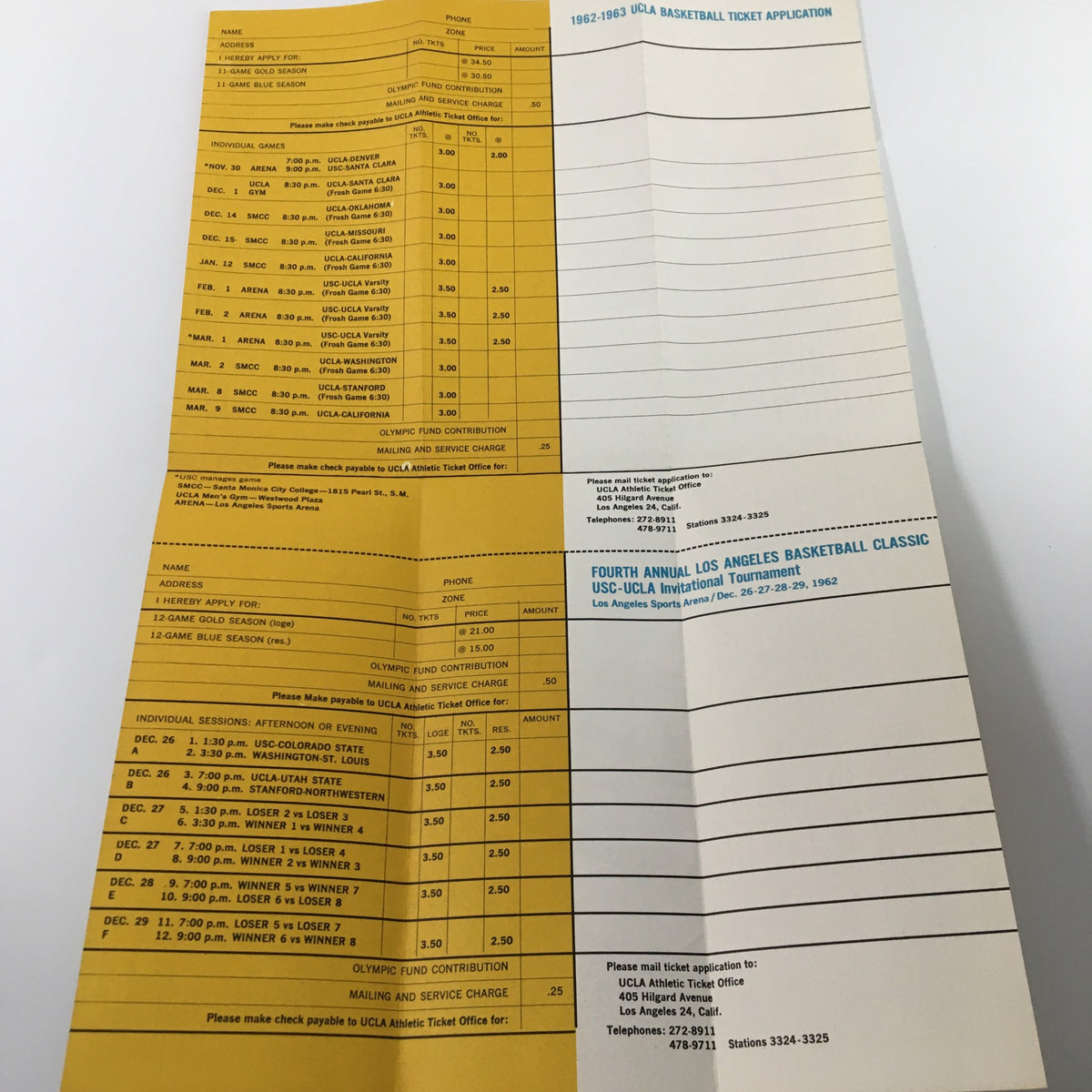 1962-1963 NCAA UCLA Bruins Basketball Ticket Application showcasing detailed ticket prices and application information.