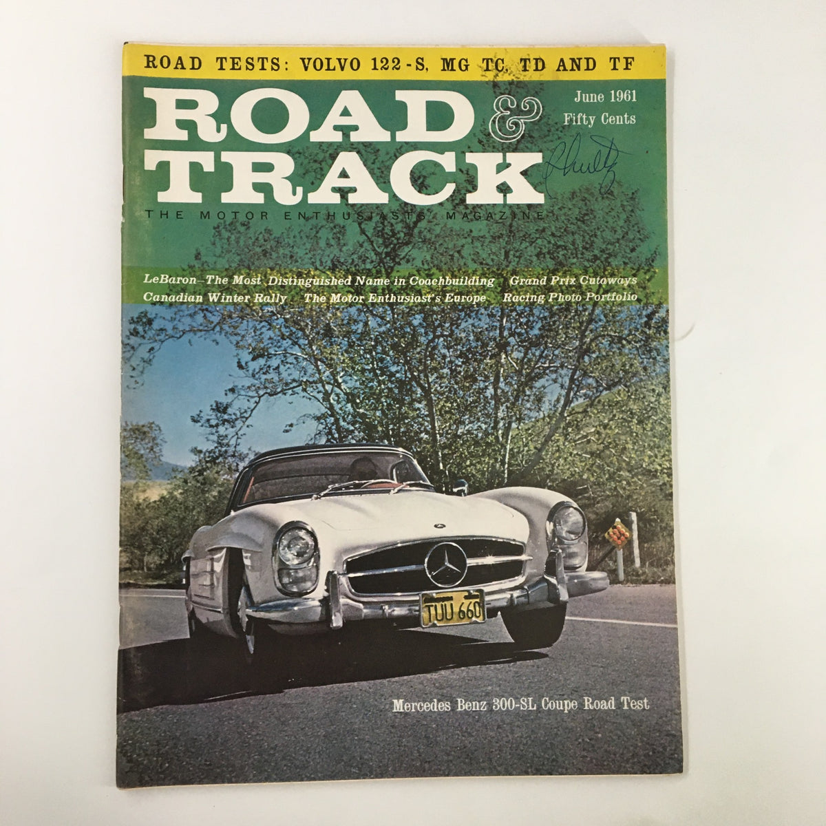 Vintage Road & Track Magazine from June 1961 featuring a Mercedes Benz 300-SL Coupe on the cover, showcasing automotive journalism from a pivotal era.