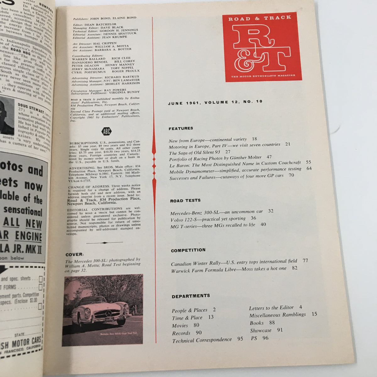 Inside page of VTG Road & Track Magazine June 1961, featuring the contents and editorial information related to the Mercedes Benz 300-SL Coupe test.