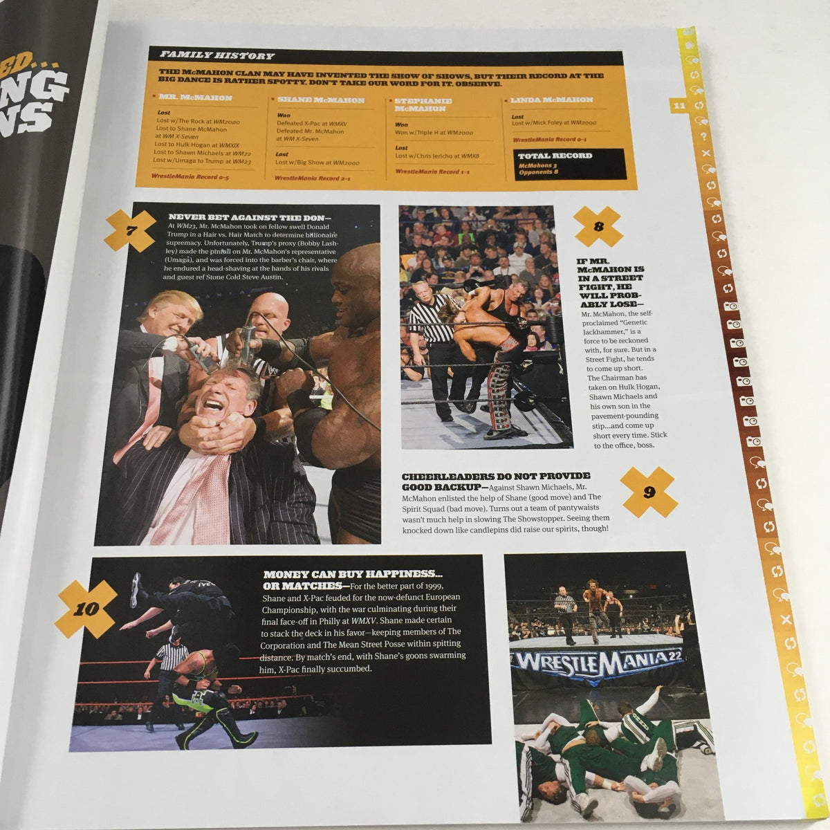 Content page from WWF Magazine 2010 listing various wrestling legends and moments, celebrating the history and excitement of Wrestle Mania XXVI Almanac.
