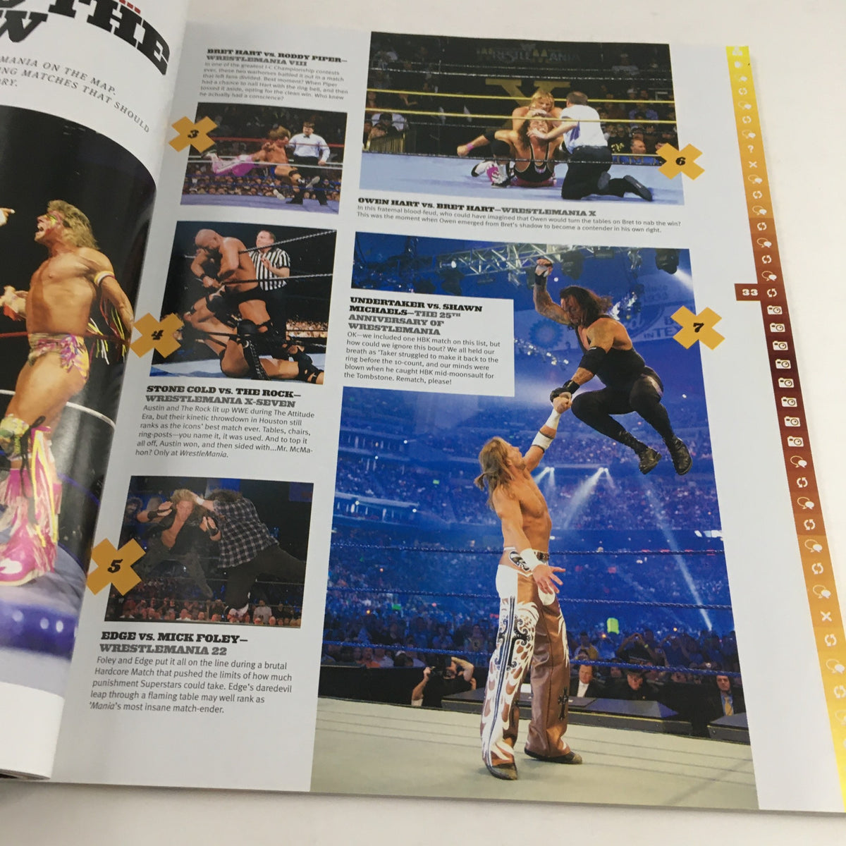Pages from WWF Magazine 2010 Wrestle Mania XXVI Almanac highlighting legendary matches including Undertaker vs. Shawn Michaels.