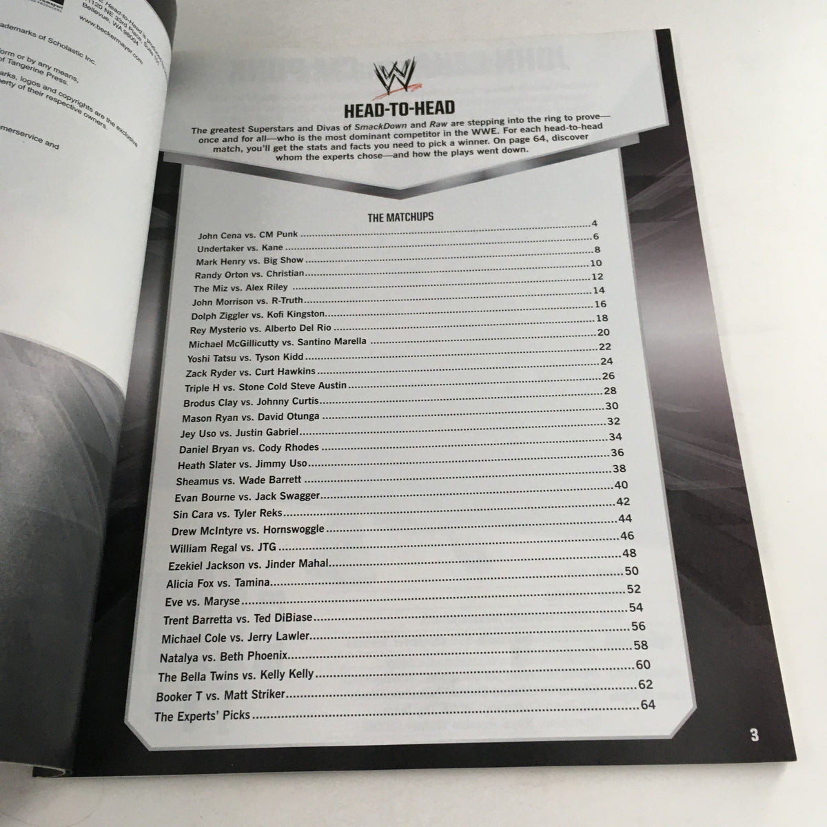 Table of contents from WWE WWF Magazine 2012 Head-to-Head listing matchups including superstars like John Cena, CM Punk, and others.