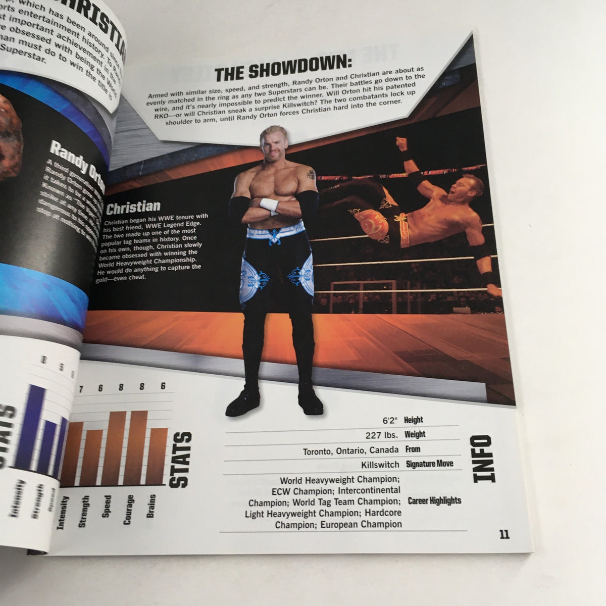 Showdown feature in WWE WWF Magazine 2012 Head-to-Head detailing wrestler Christian's profile and career highlights.