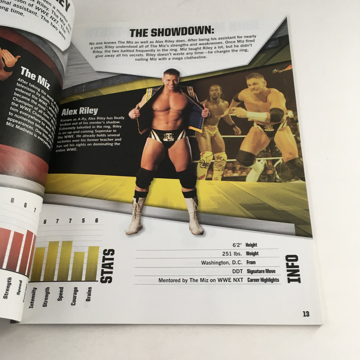 WWE WWF Magazine 2012 Head-to-Head featuring Alex Riley, showcasing his stats, biography, and signature moves in a vibrant wrestling layout.