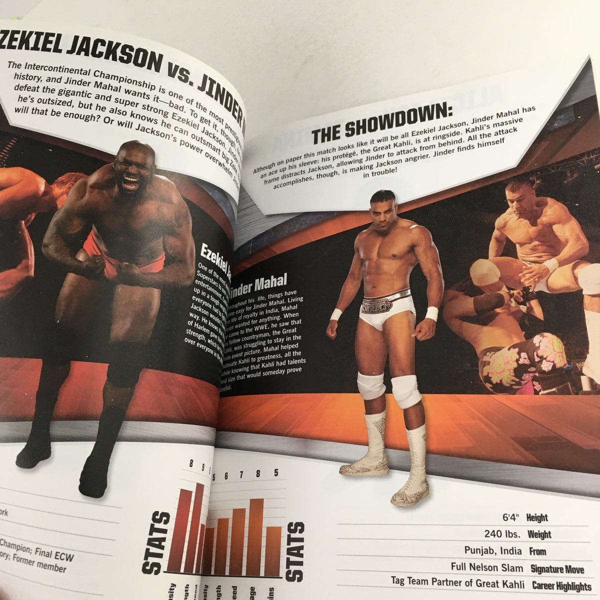 WWE WWF Magazine 2012 Head-to-Head showcasing Ezekiel Jackson vs. Jinder Mahal, with visuals of their match stats and key highlights.
