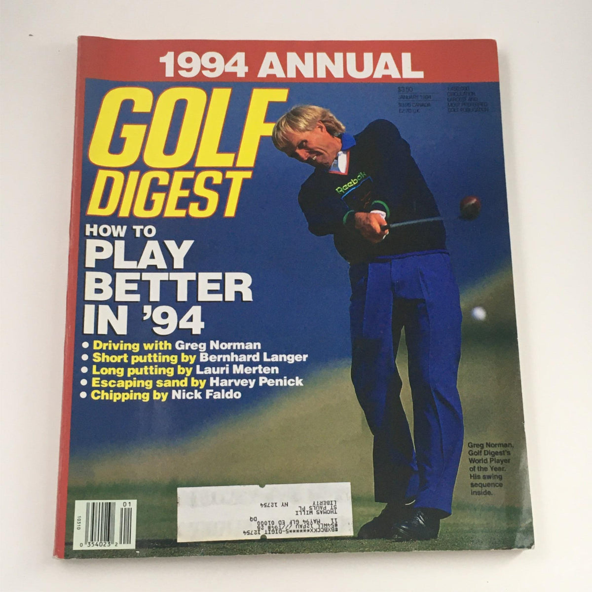 Cover of Golf Digest Magazine January 1994 featuring Golf World Player of the Year Greg Norman, showcasing tips on playing better in '94.