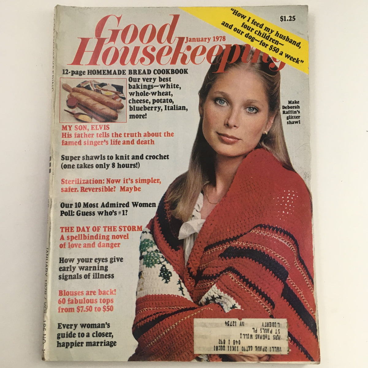Cover of Good Housekeeping Magazine January 1978 featuring a model wearing a colorful shawl, promoting Deborah Raffin's Glitter Shawl project.