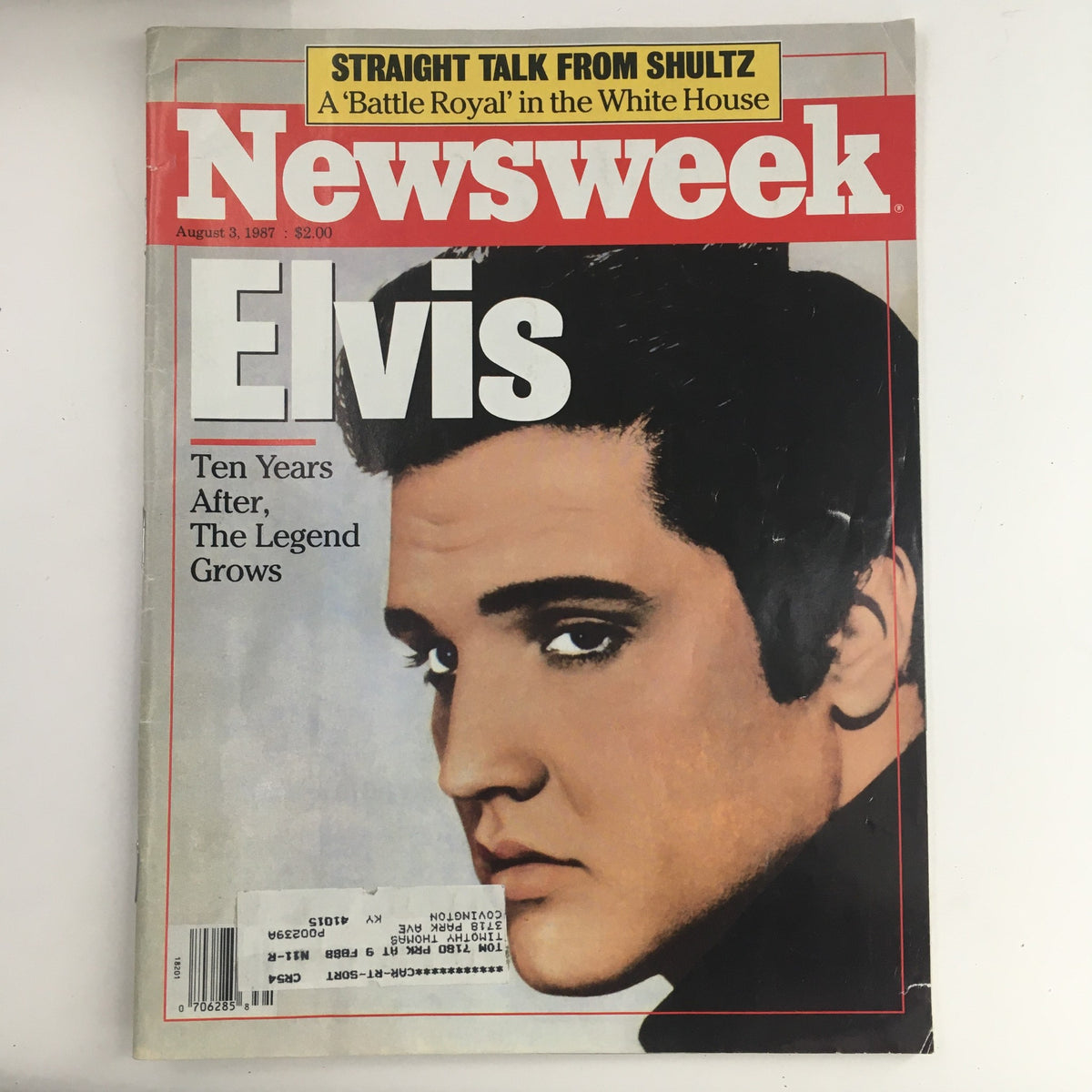 Cover of Newsweek Magazine from August 3, 1987, featuring Elvis Presley with the headline 'Ten Years After: The Legend Grows'. The image showcases a profile of Elvis with a classic 1980s magazine design.