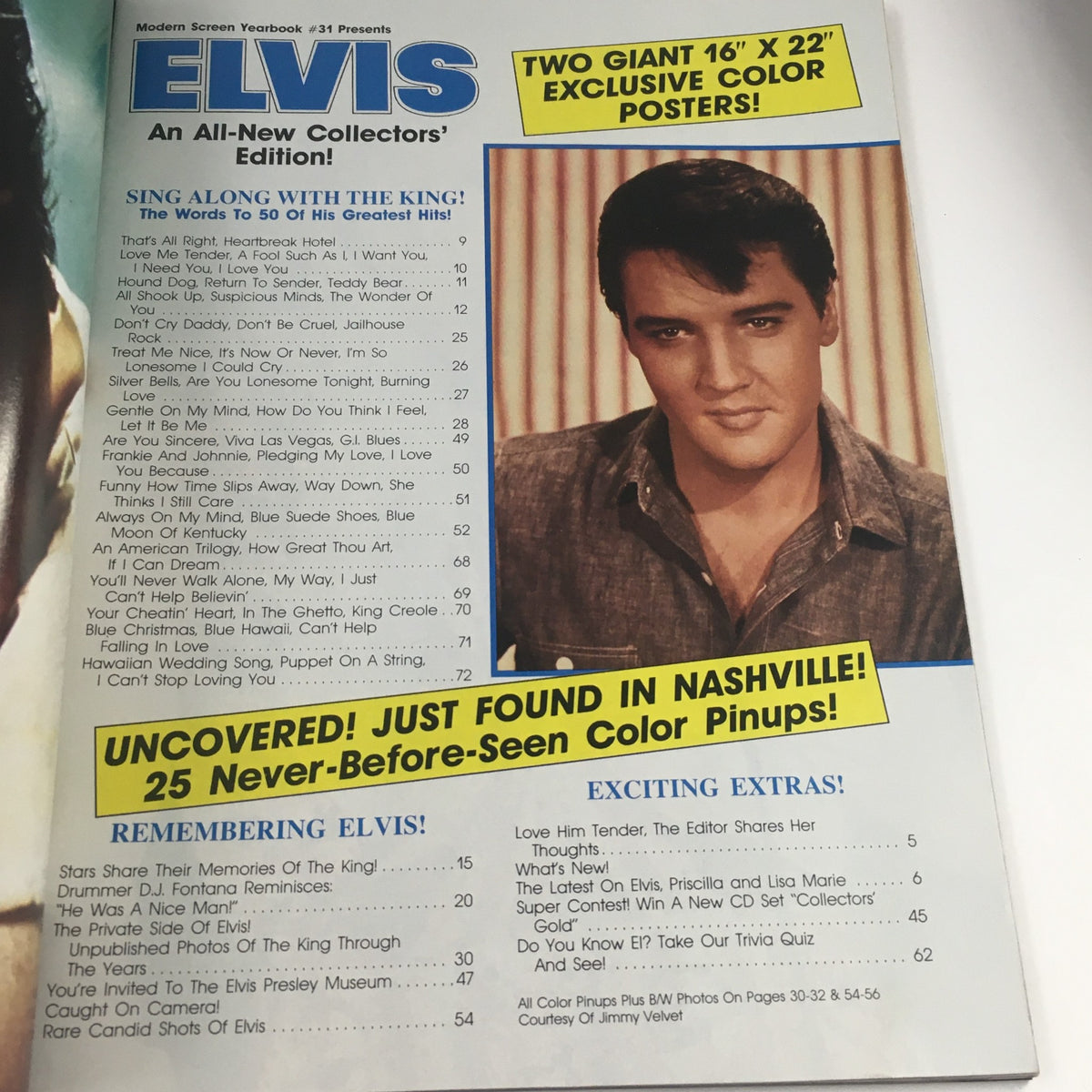 Interior page of Modern Screen Yearbook #31 Presents Elvis Presley listing songs and features, including 'Sing Along With The King!' and announcements about uncovered never-before-seen color pinups.