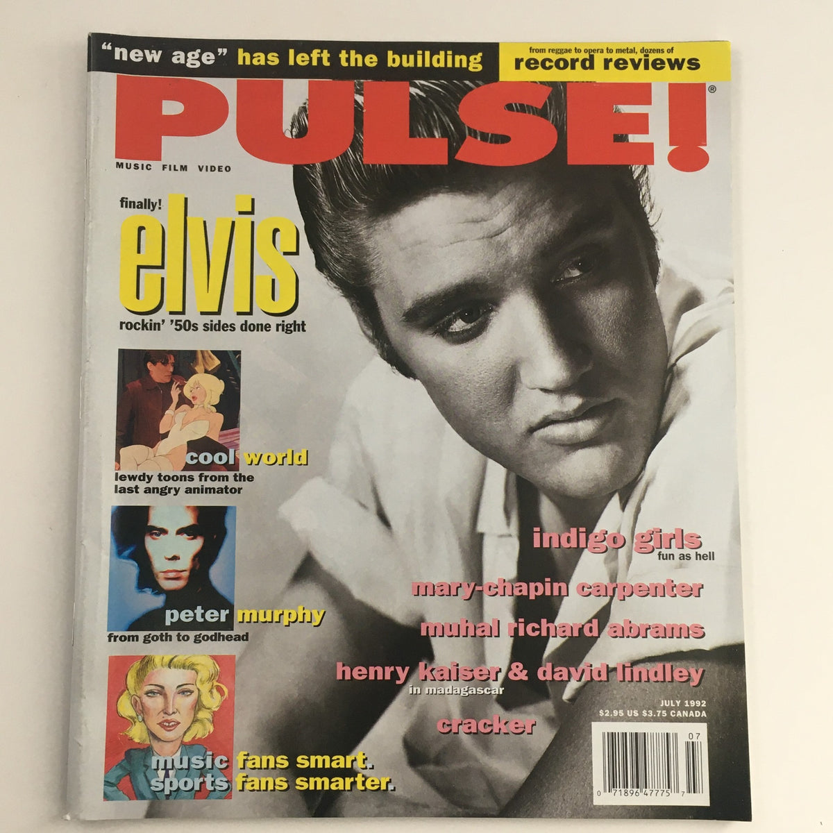 Cover of Pulse Magazine July 1992 #106 featuring Elvis Presley and Peter Murphy, with highlights on music, film, and video, showcasing Elvis's iconic image and references to contemporary artists.