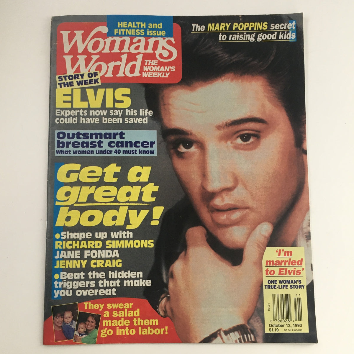 Cover of Woman's World Magazine from October 1993 featuring Elvis Presley and Richard Simmons. The magazine highlights fitness tips and includes headlines on health, parenting secrets, and overcoming breast cancer awareness. It is marked as a very good condition item.