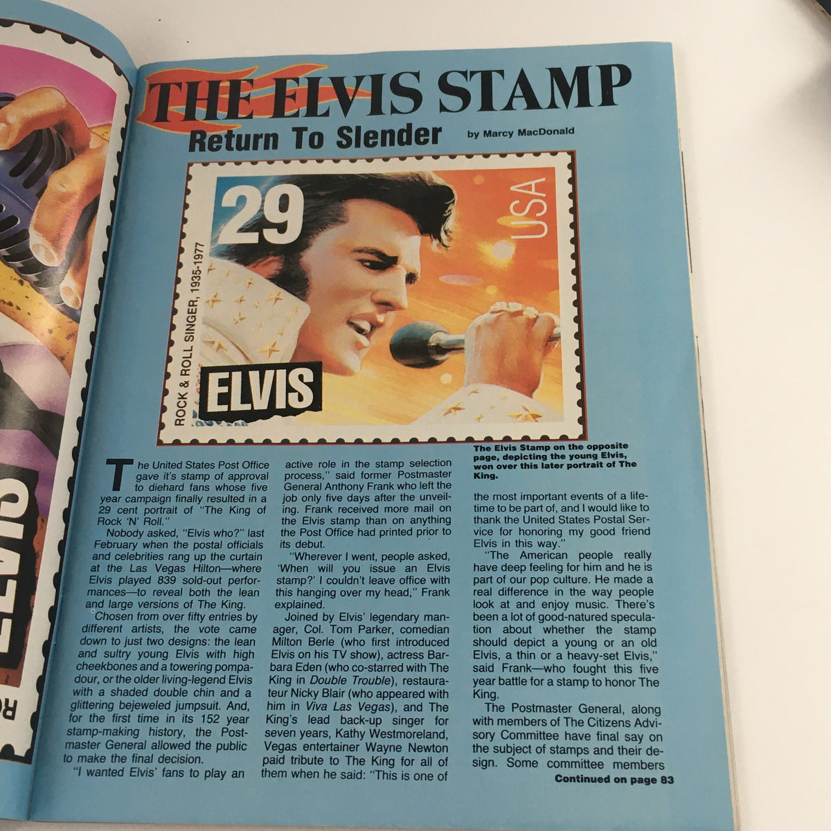 Page from Movie Screen Yearbook #42 discussing The Elvis Stamp titled 'Return to Slender,' highlighting Elvis Presley's impact on music and culture.