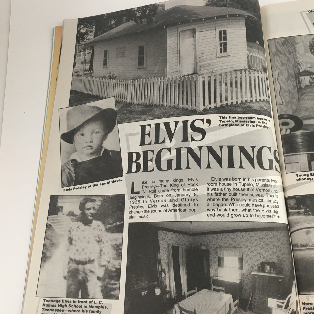 Historical image of Elvis Presley's childhood home in Tupelo, Mississippi, featured in Movie Screen Yearbook #42, along with a childhood photo.