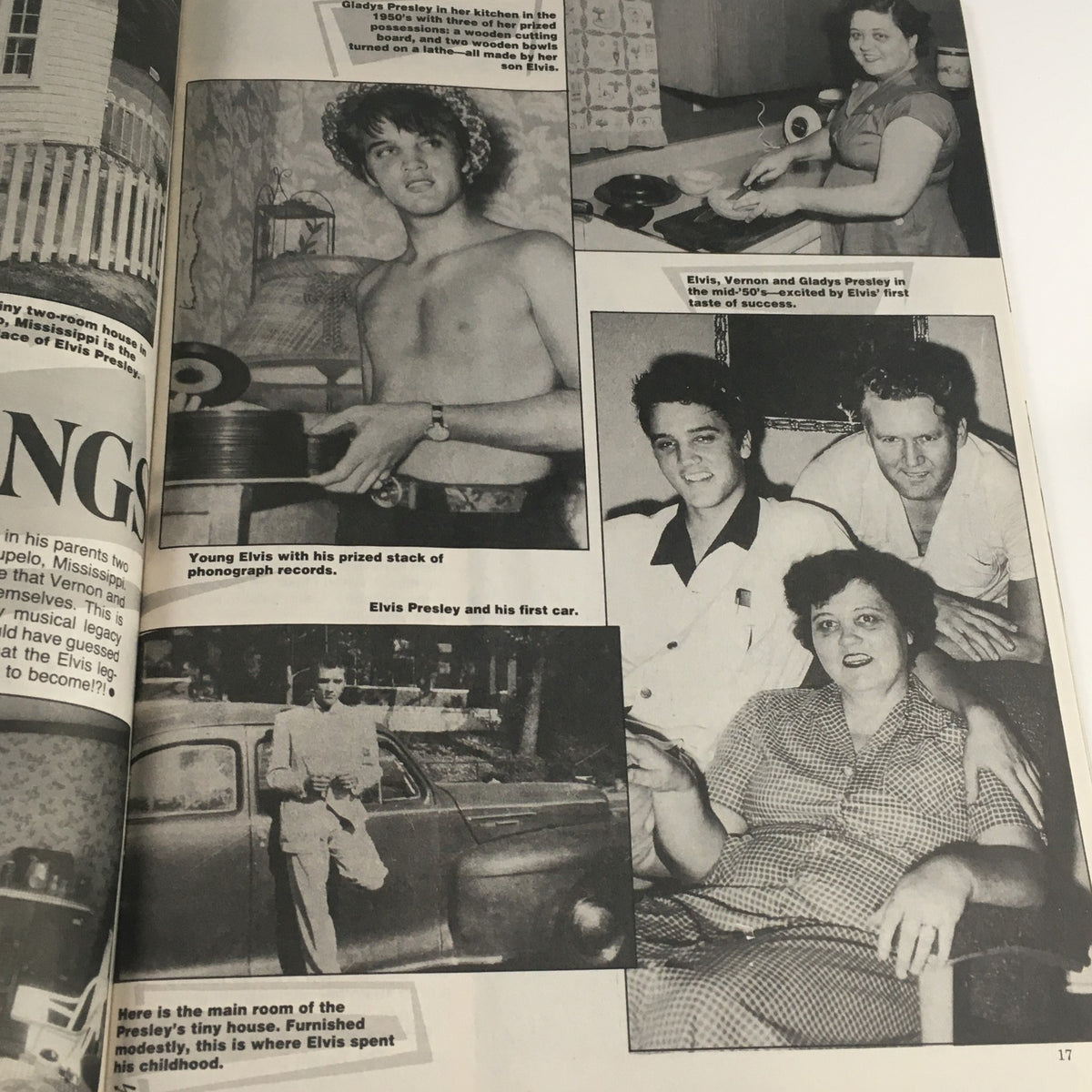 Collage of young Elvis Presley with records and his family in Movie Screen Yearbook #42, highlighting his early influences in music.
