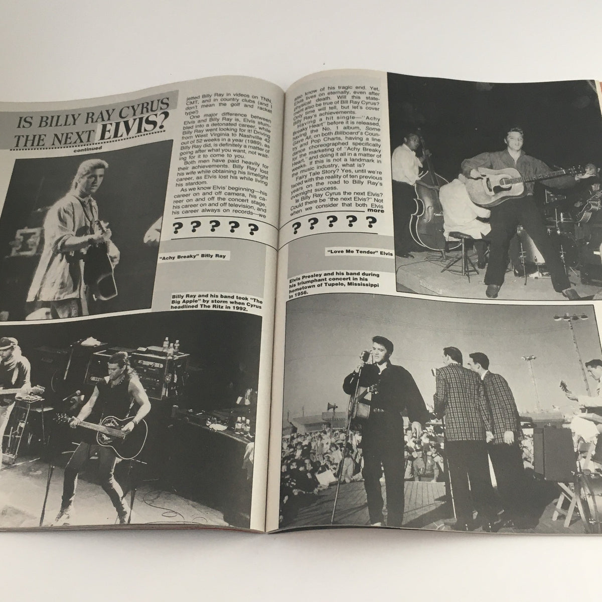 Inside spread of Movie Screen Yearbook #42 Elvis Presley The Complete History featuring a discussion about Billy Ray Cyrus as the next Elvis, with black-and-white images of a live performance.