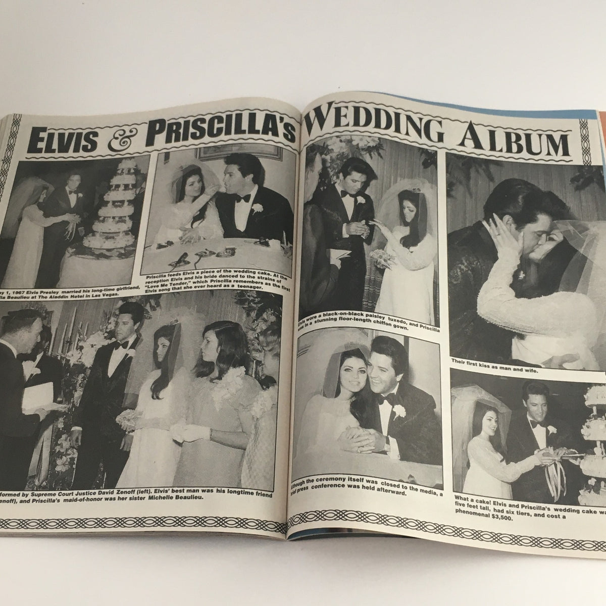 Wedding album section from Movie Screen Yearbook #42 Elvis Presley The Complete History, showcasing color images of Elvis Presley and Priscilla's wedding ceremony.