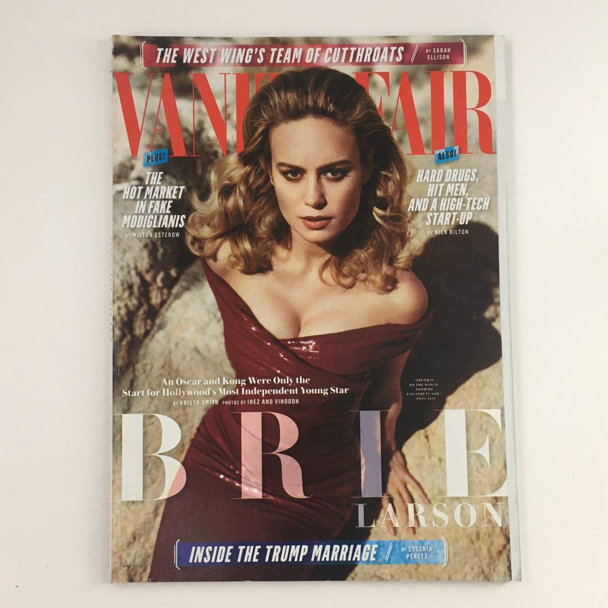 Vanity Fair Magazine May 2017 cover featuring Brie Larson, highlighting the story 'Inside the Trump Marriage' and other key features of the issue.