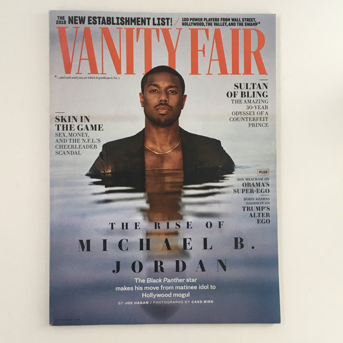 Cover of Vanity Fair Magazine November 2018 featuring the title 'The Rise of Michael B. Jordan', showcasing the actor in a dramatic setting, highlighting his impact on Hollywood and popular culture.