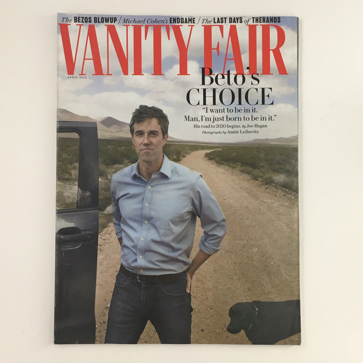 Vanity Fair Magazine April 2019 featuring Michael Cohen cover and Jeff Bezos article, showcasing a portrait of Beto O'Rourke, highlighting contemporary journalism and political themes.