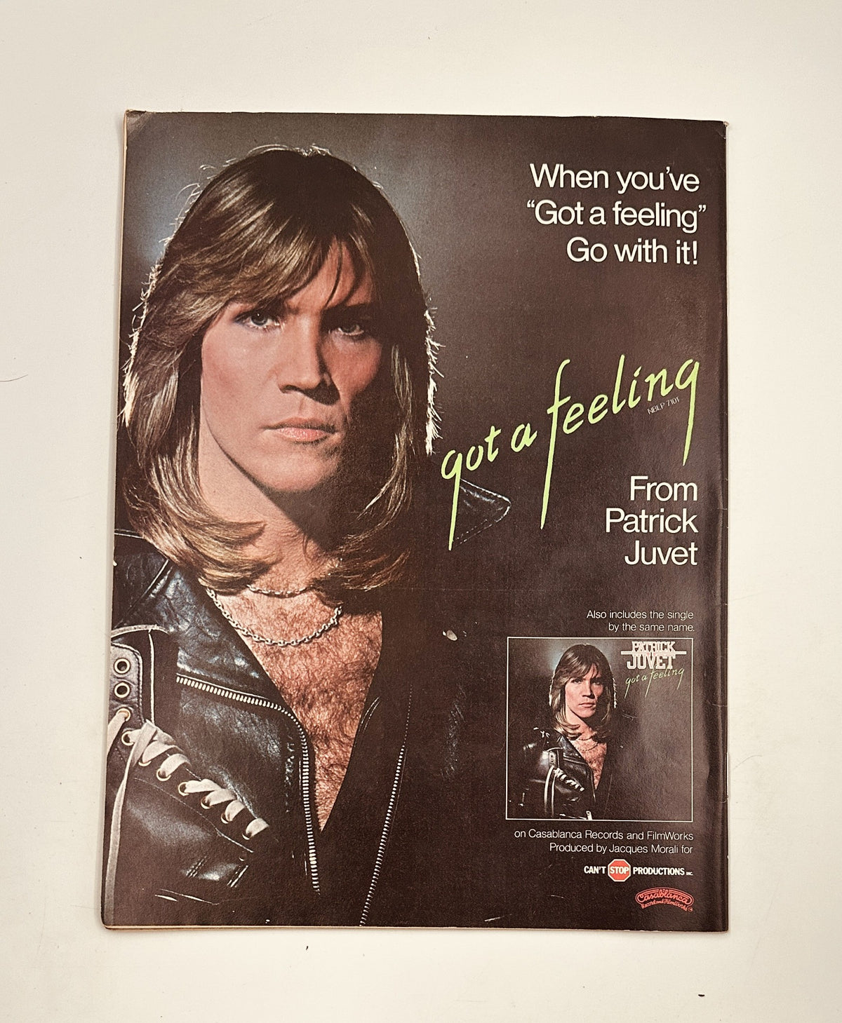 Advertisement for Patrick Juvet's album 'Got a Feeling' from Circus Magazine July 20, 1978 highlighting his unique style.