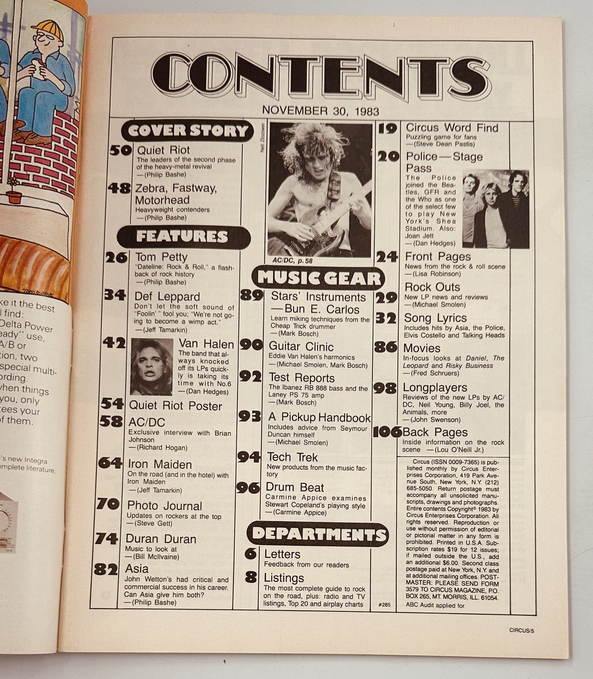 Table of Contents from Circus Magazine November 30, 1983, featuring articles on Quiet Riot, Def Leppard, Tom Petty, and more.