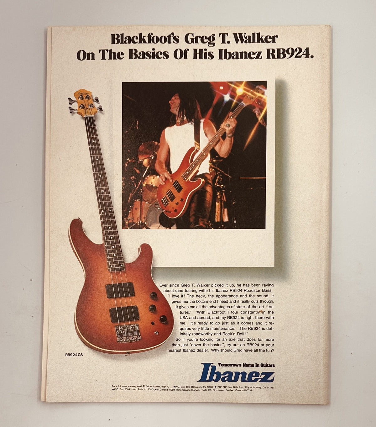 Ad for Ibanez RB924 bass guitar featuring Blackfoot's Greg T. Walker, from Circus Magazine November 30, 1983.