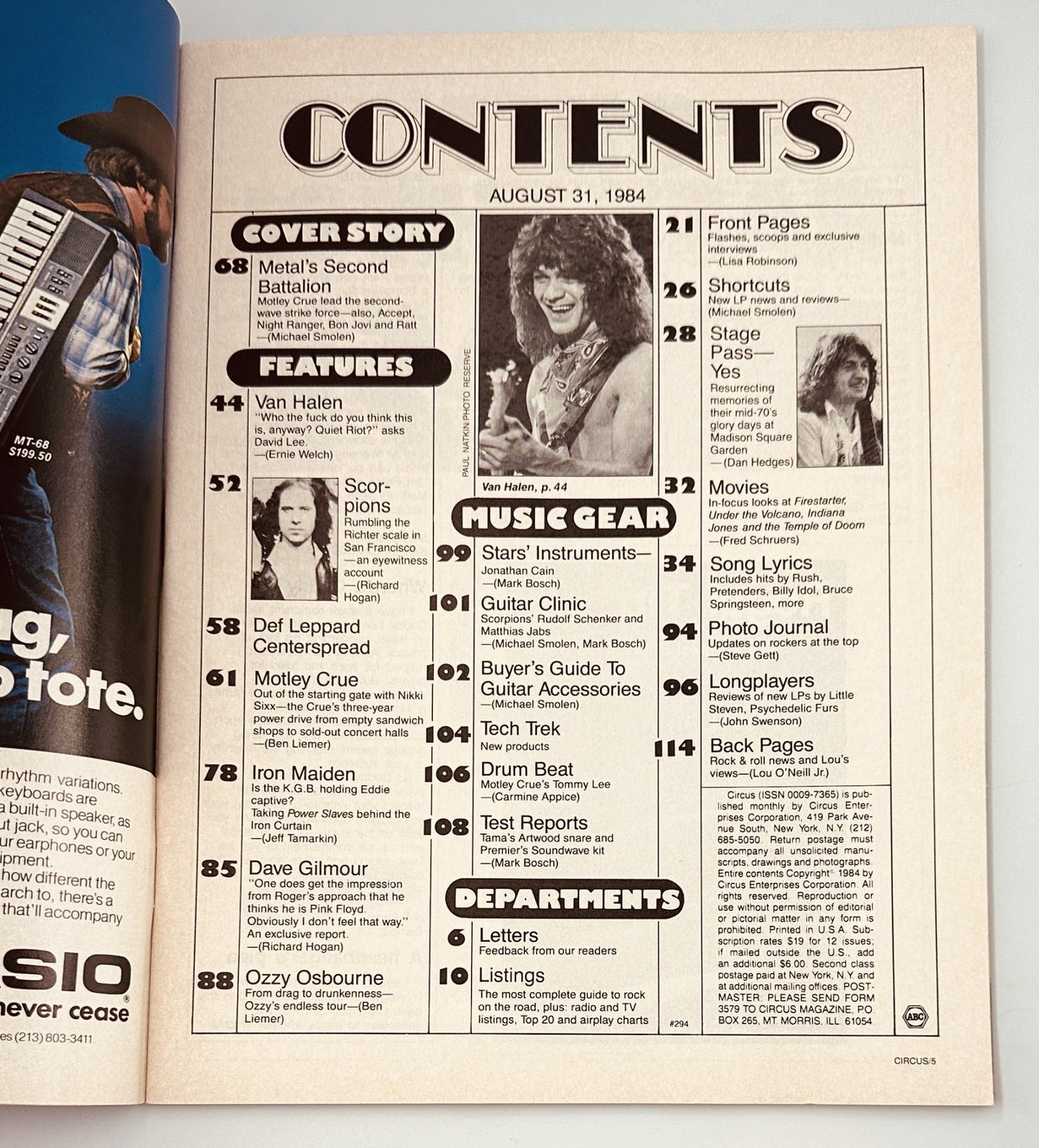 Table of contents from Circus Magazine August 31, 1984, listing features on Van Halen, Def Leppard, and Ozzy Osbourne among other music gear and departments.