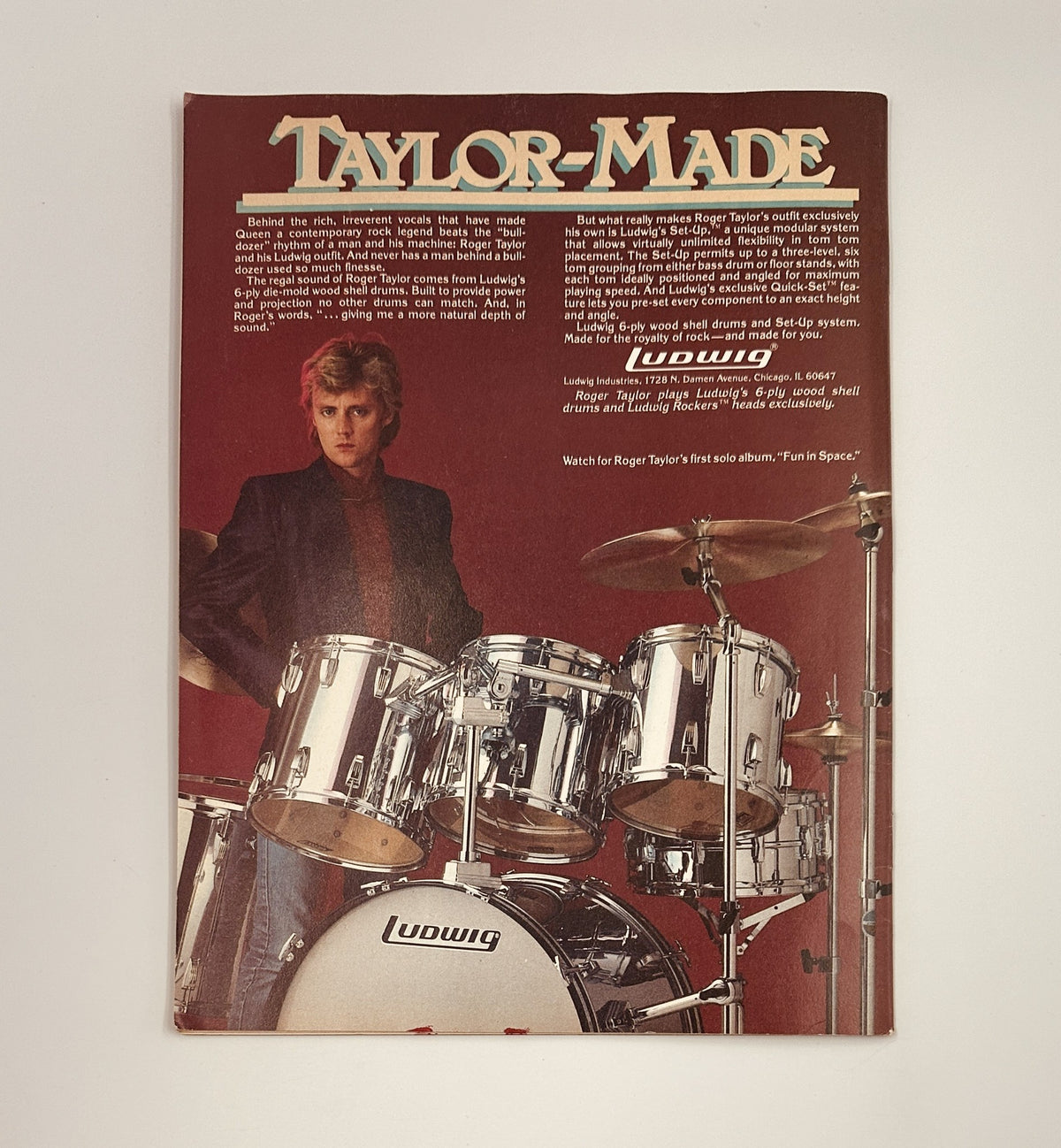 Taylor-Made magazine page featuring Roger Taylor with a Ludwig drum set, promoting his first solo album 'Fun in Space'. This image is from the Circus Magazine December 31, 1981 issue, which also includes features on Stevie Nicks, AC/DC, and the Rolling Stones.