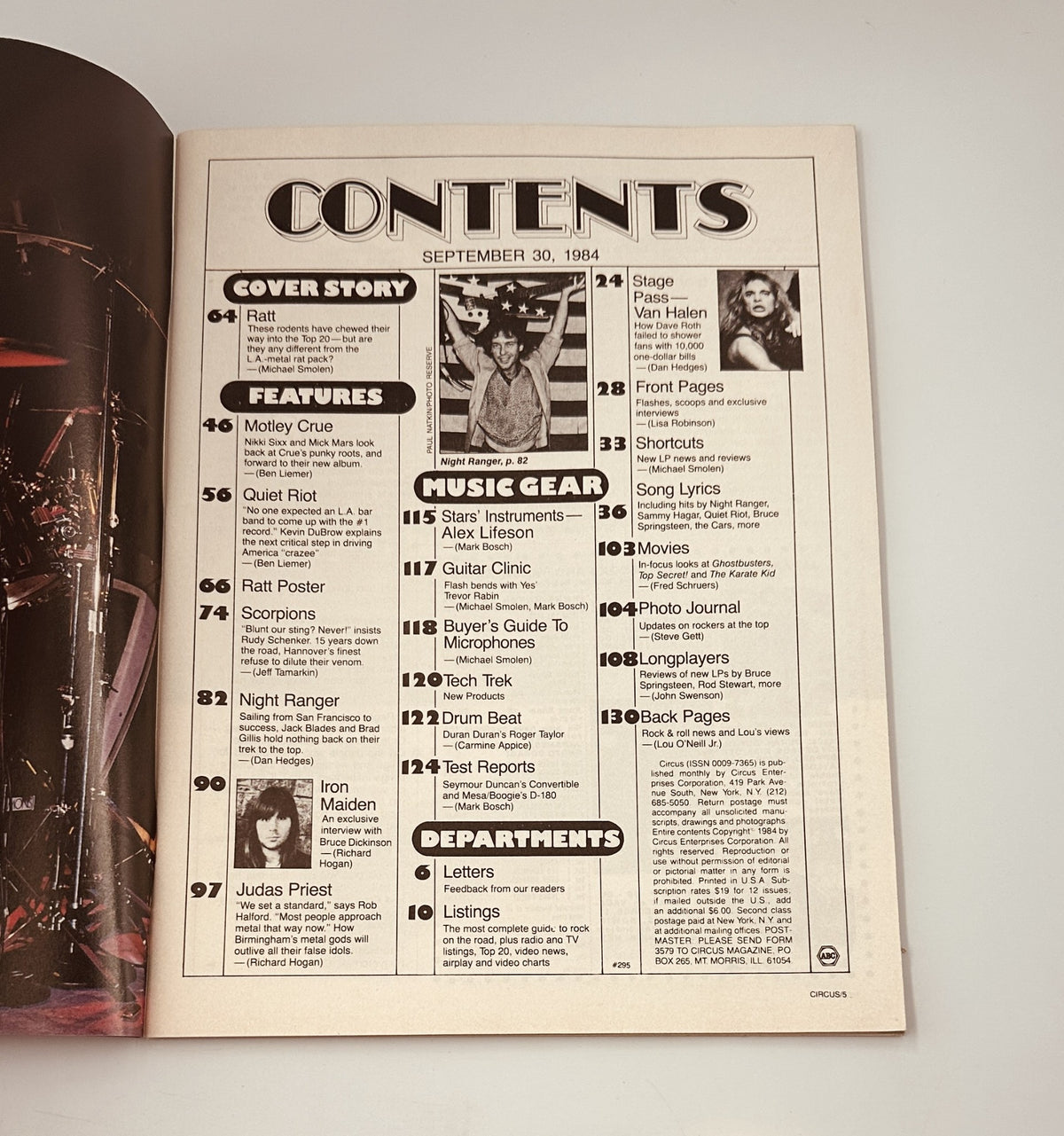 Table of Contents from Circus Magazine September 30, 1984, listing features on Ratt, Iron Maiden, and more. Provides a detailed overview of the magazine's articles.