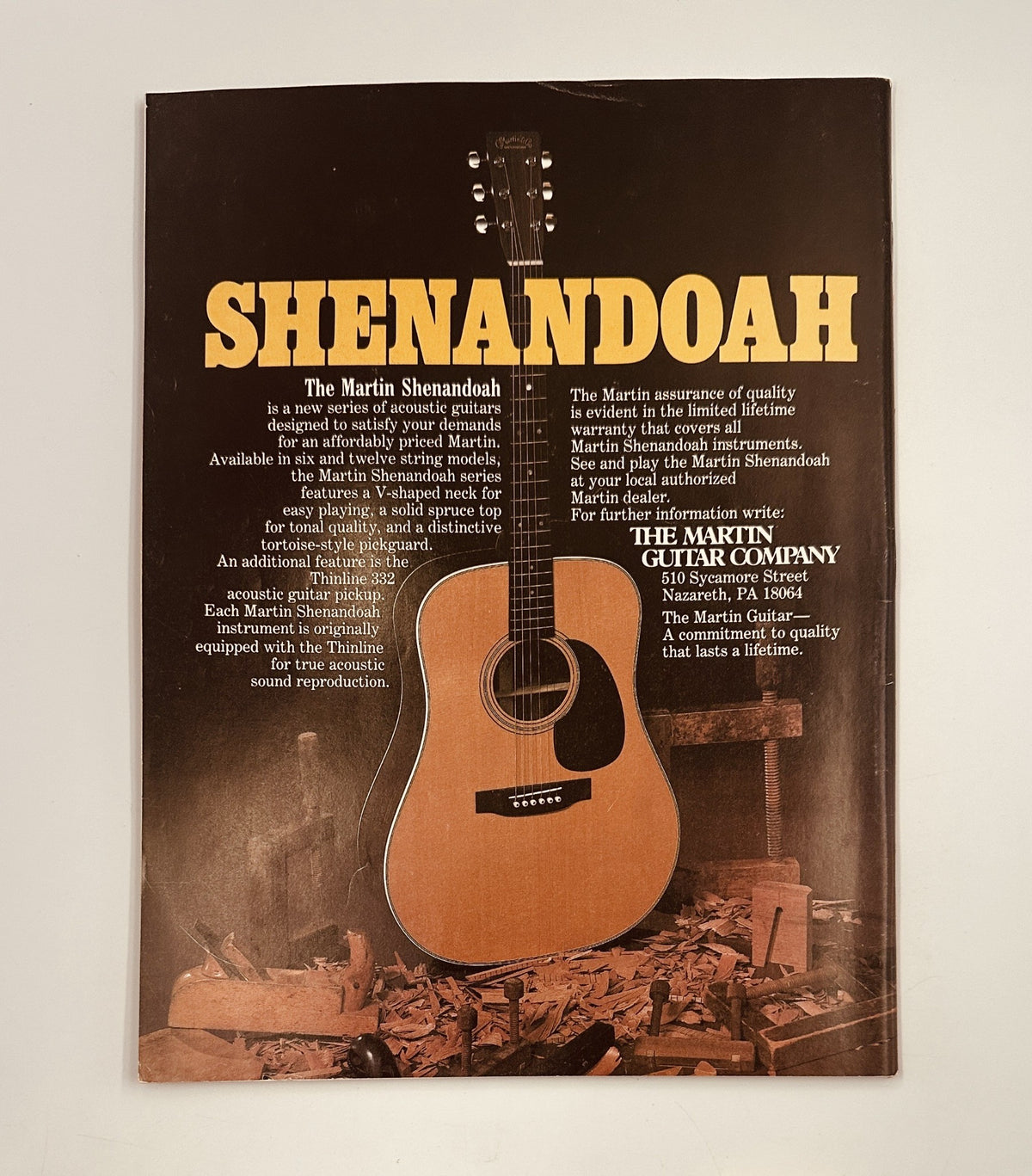 Advertisement for the Martin Shenandoah guitar featured in Circus Magazine September 30, 1984. Highlights the quality and craftsmanship of Martin guitars.