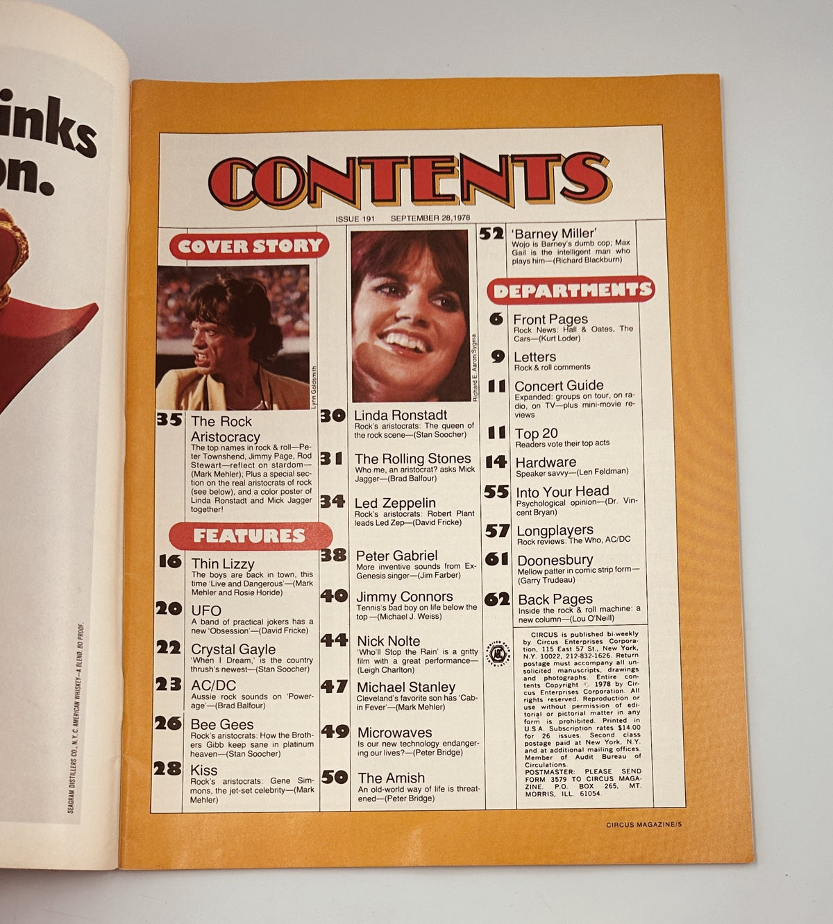 Table of contents from Circus Magazine September 28, 1978 detailing articles on rock stars including Thin Lizzy, AC/DC, Bee Gees, and Linda Ronstadt.