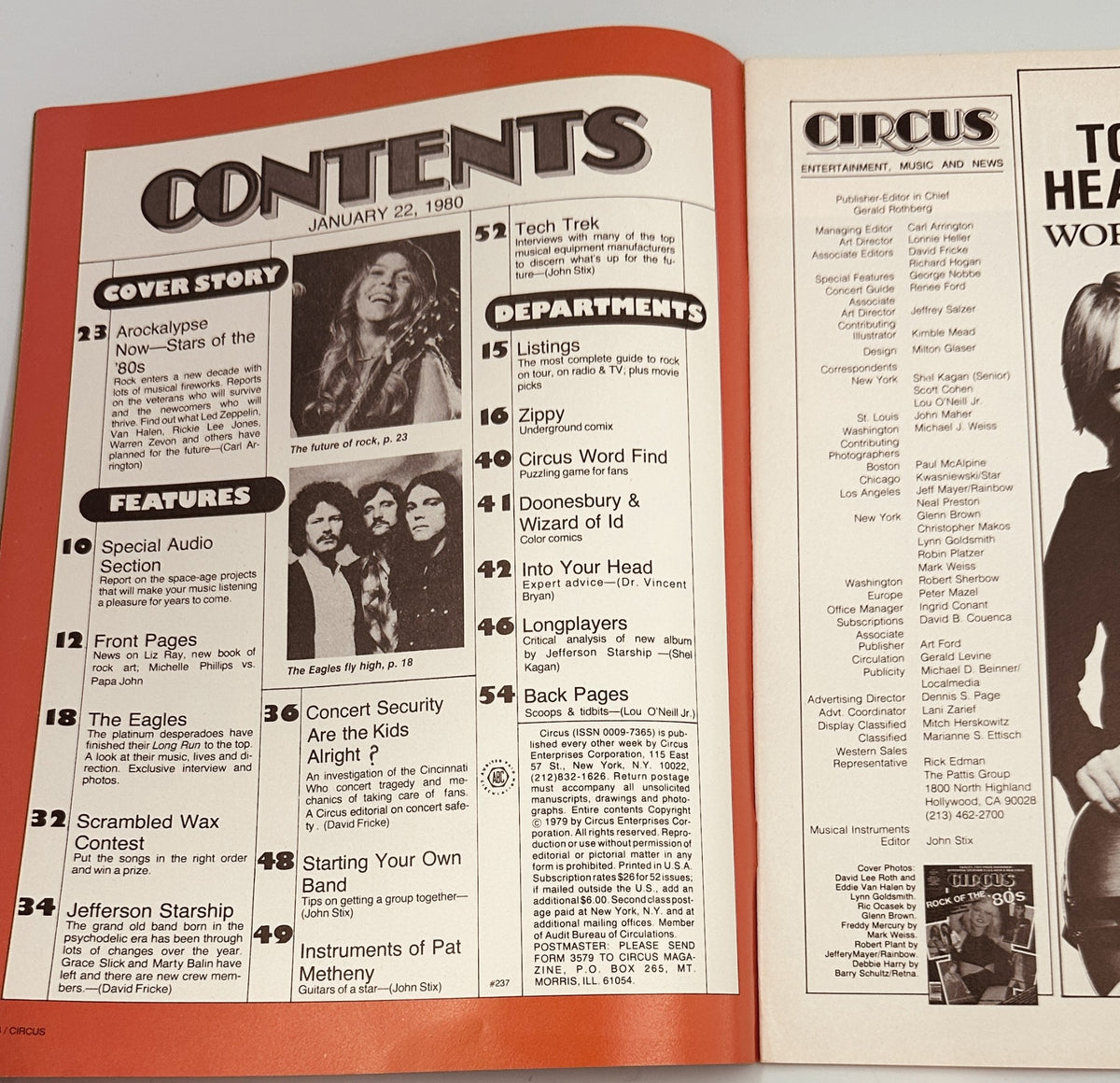 Inside contents page of Circus Magazine January 22, 1980, listing features including The Eagles, concert safety, and interviews, showcasing the magazine's rich musical content.